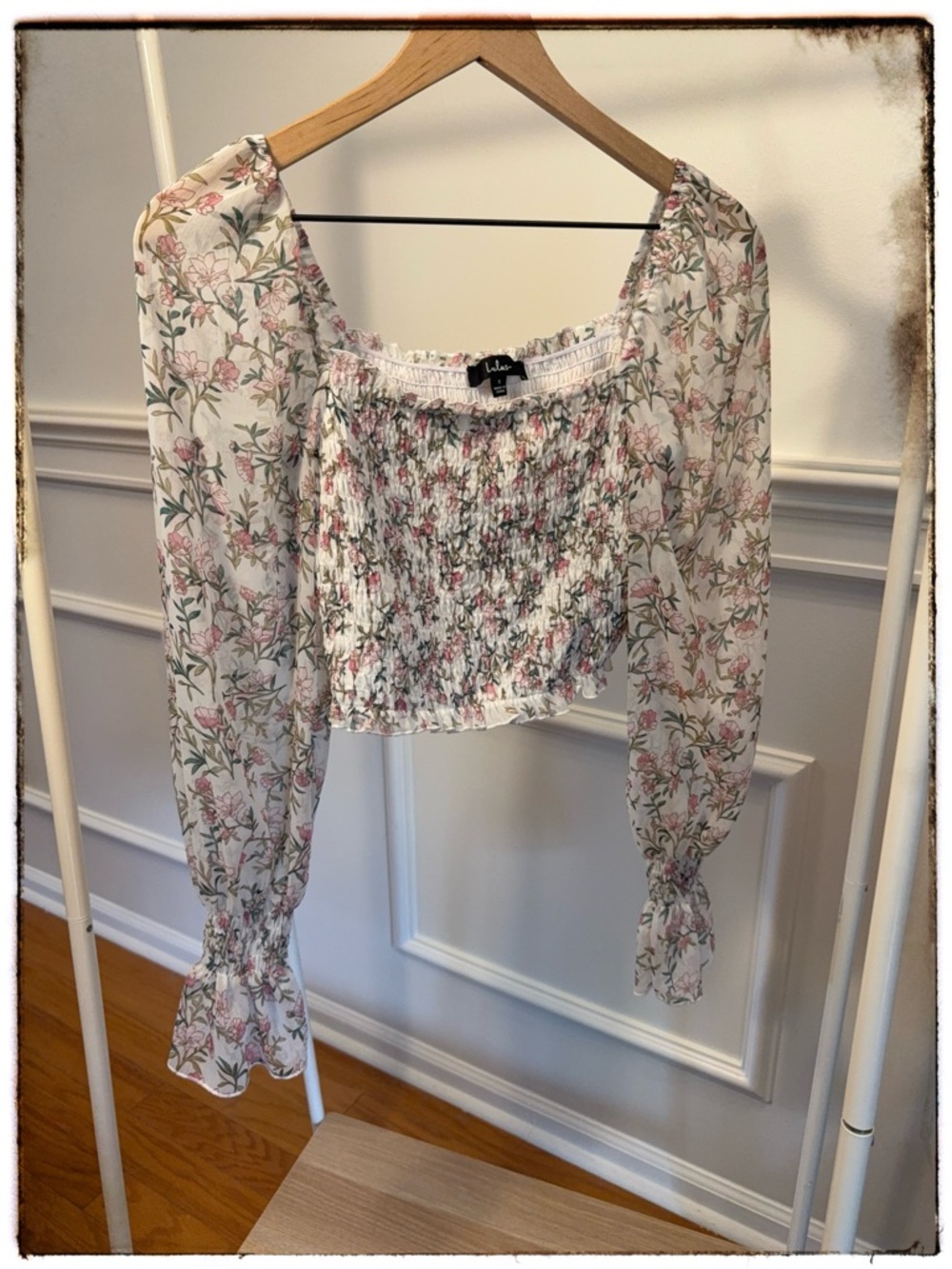 Lulus Floral Smocked Crop Top Long Sleeve Cottagecore Romantic Blouse S